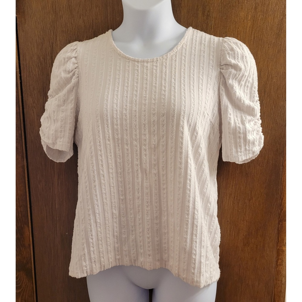 Cato Womens‎ XL Cream Textured Stripe Puff Sleeve Keyhole Back Top Minimalist